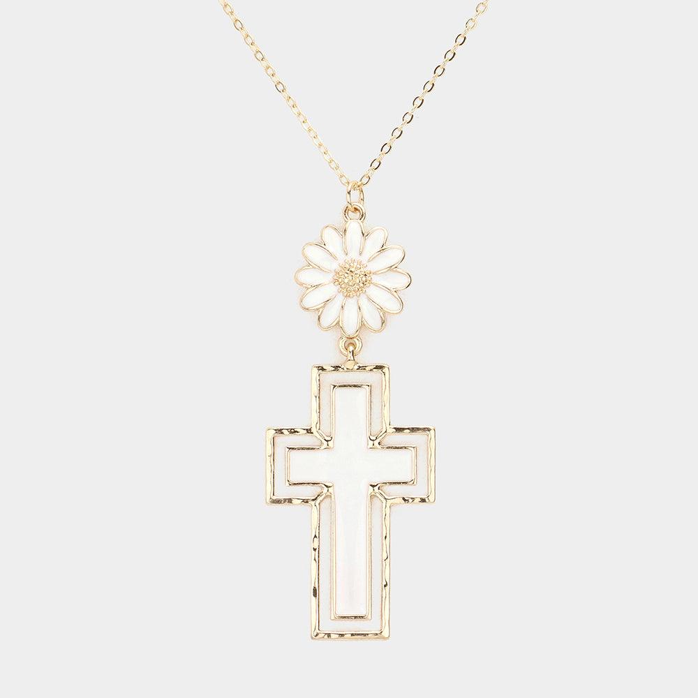 White Daisy Flower Cross Link Pendant Necklace