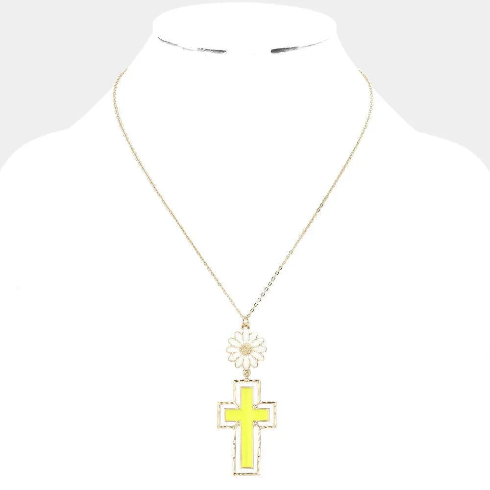Yellow Daisy Flower Cross Link Pendant Necklace - Jewelry Store by Erik Rayo