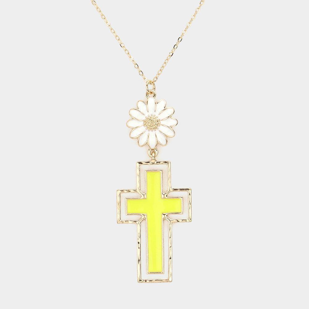 Yellow Daisy Flower Cross Link Pendant Necklace - Jewelry Store by Erik Rayo
