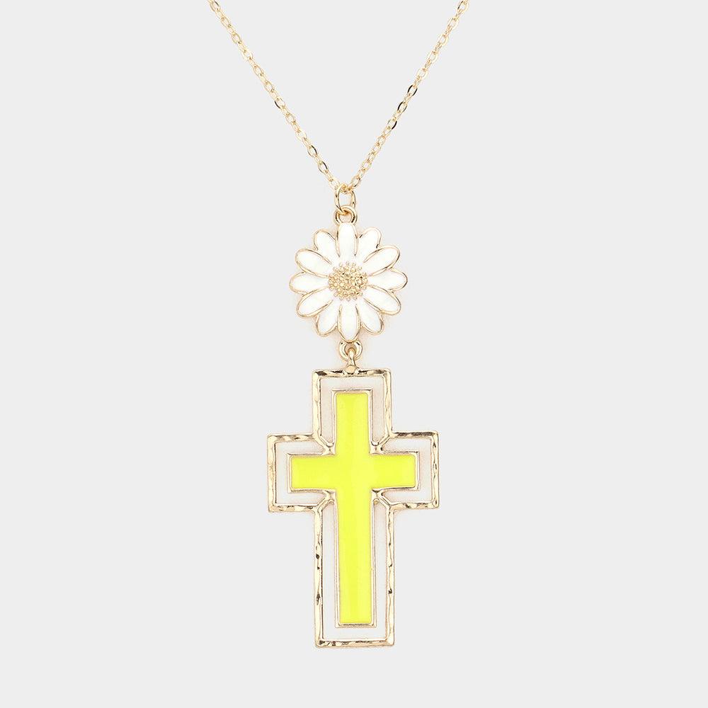 Yellow Daisy Flower Cross Link Pendant Necklace