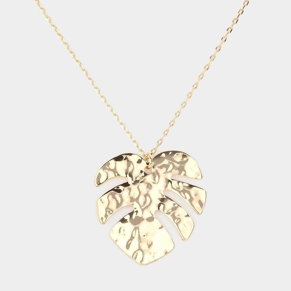 Gold Hammered Metal Tropical Leaf Pendant Necklace - Jewelry Store by Erik Rayo
