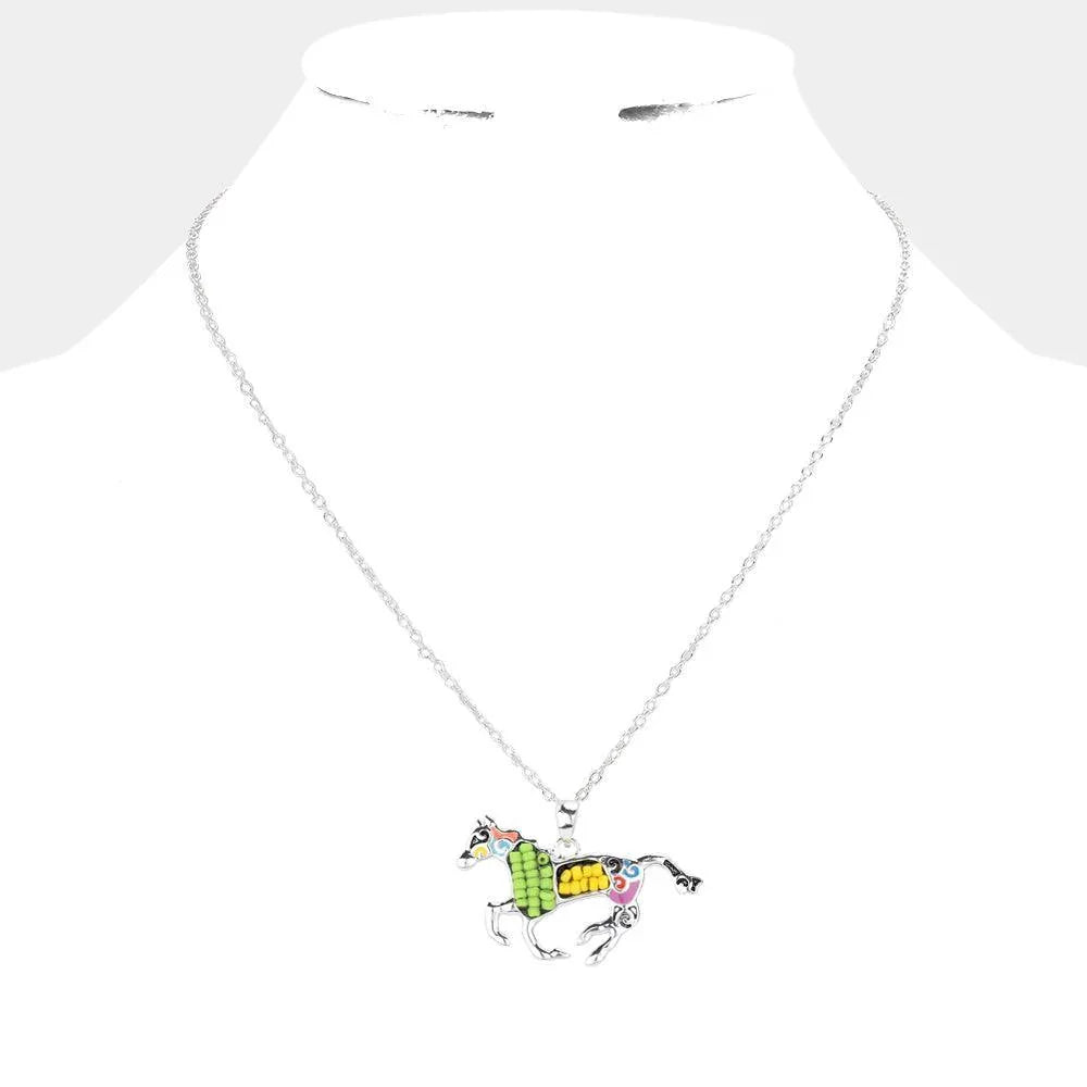 Seed Bead Embellished Running Horse Pendant Necklace - Jewelry Store by Erik Rayo