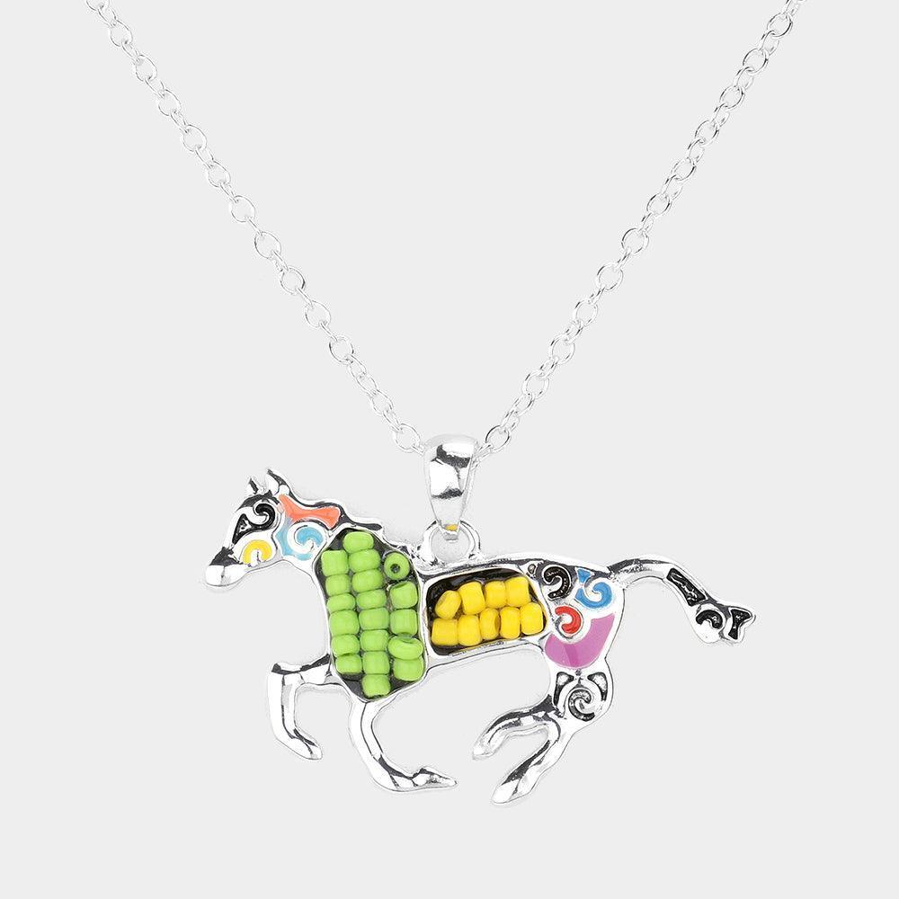 Seed Bead Embellished Running Horse Pendant Necklace - Jewelry Store by Erik Rayo