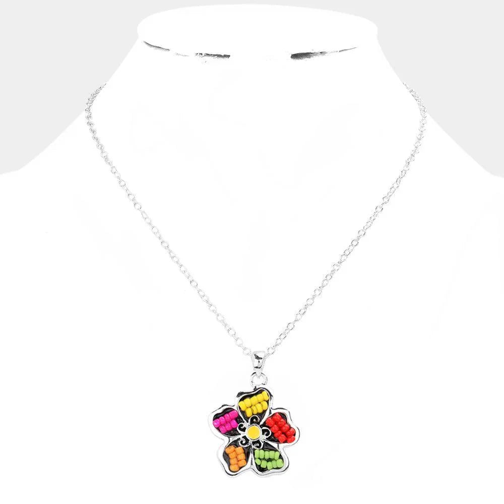 Seed Bead Embellished Flower Pendant Necklace - Jewelry Store by Erik Rayo