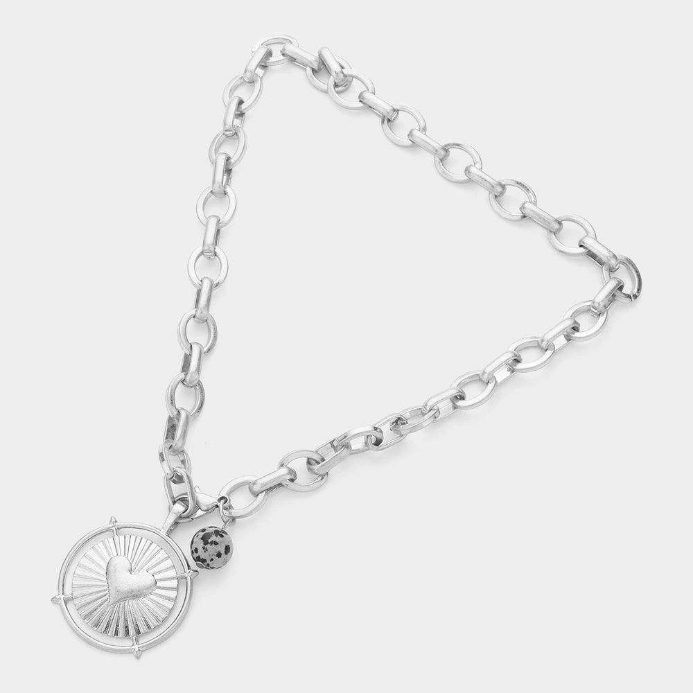 Silver Heart Accented Metal Round Natural Stone Pendant Necklace - Jewelry Store by Erik Rayo