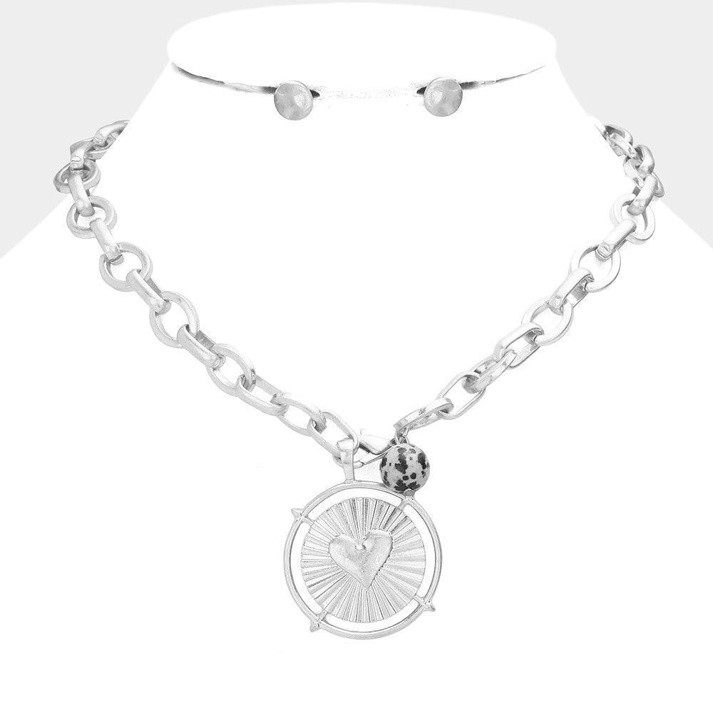 Silver Heart Accented Metal Round Natural Stone Pendant Necklace - Jewelry Store by Erik Rayo
