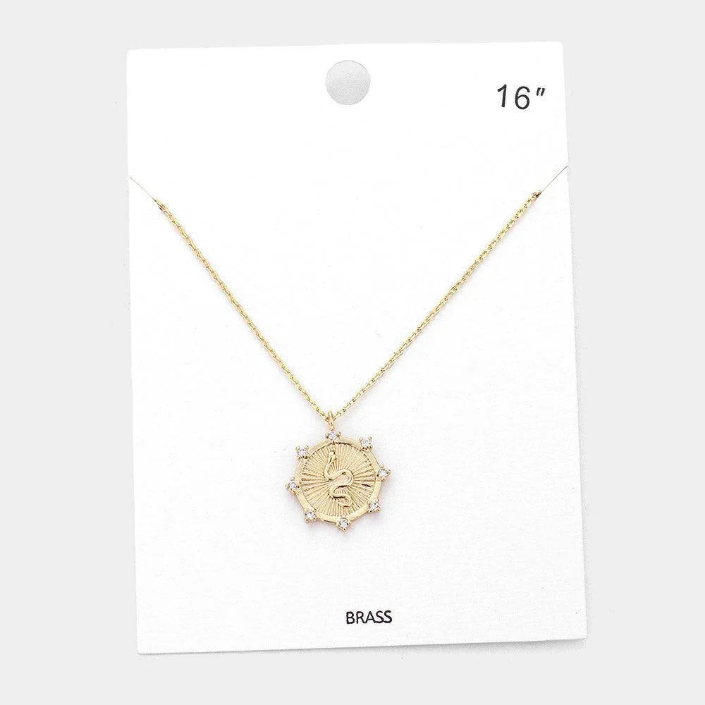 Gold Rhinestone Embellished Brass Metal Snake Pendant Necklace - Jewelry Store by Erik Rayo