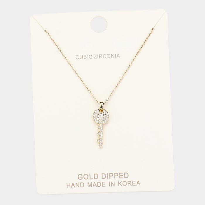Gold Gold Dipped Cubic Zirconia Key Pendant Necklace - Jewelry Store by Erik Rayo