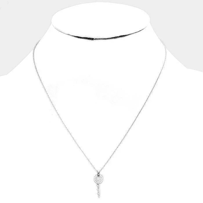 Clear White Gold Dipped Cubic Zirconia Key Pendant Necklace - Jewelry Store by Erik Rayo