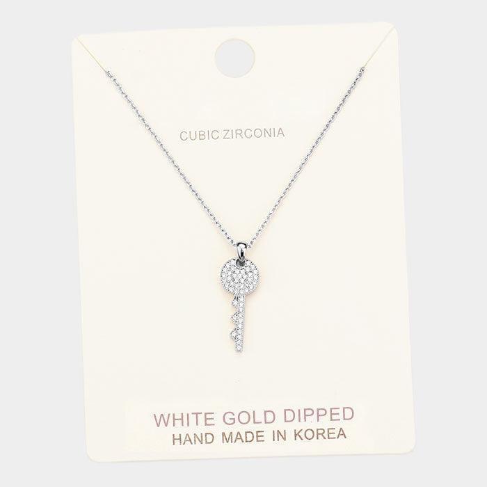 Clear White Gold Dipped Cubic Zirconia Key Pendant Necklace - Jewelry Store by Erik Rayo