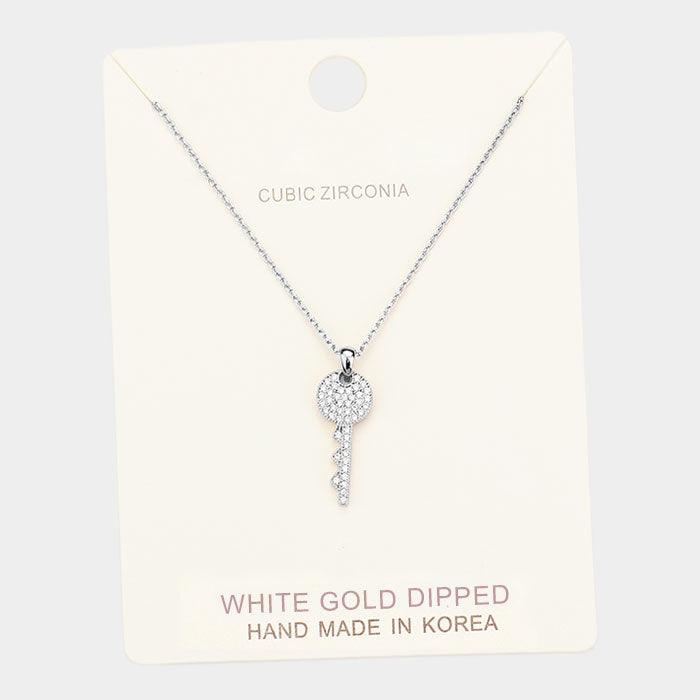 Clear White Gold Dipped Cubic Zirconia Key Pendant Necklace