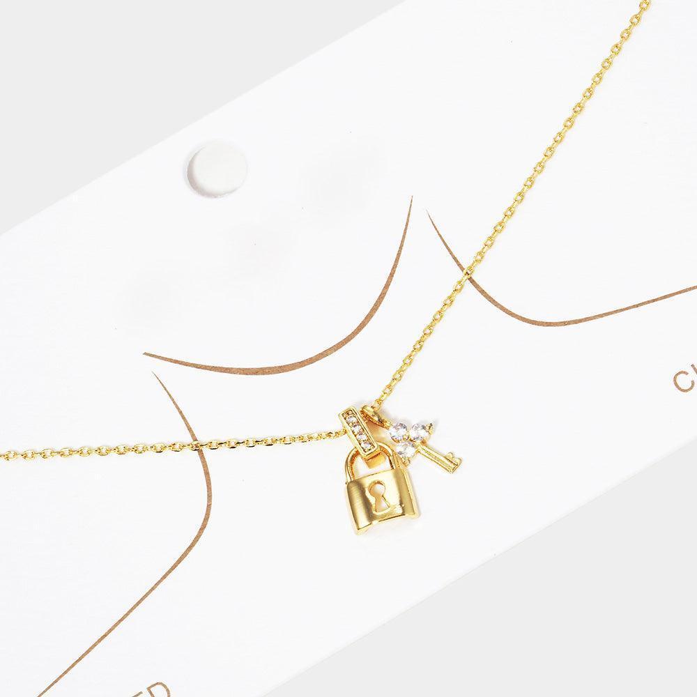 Gold Gold Dipped Rhinestone Embellished Key Lock Pendant Necklace - Jewelry Store by Erik Rayo