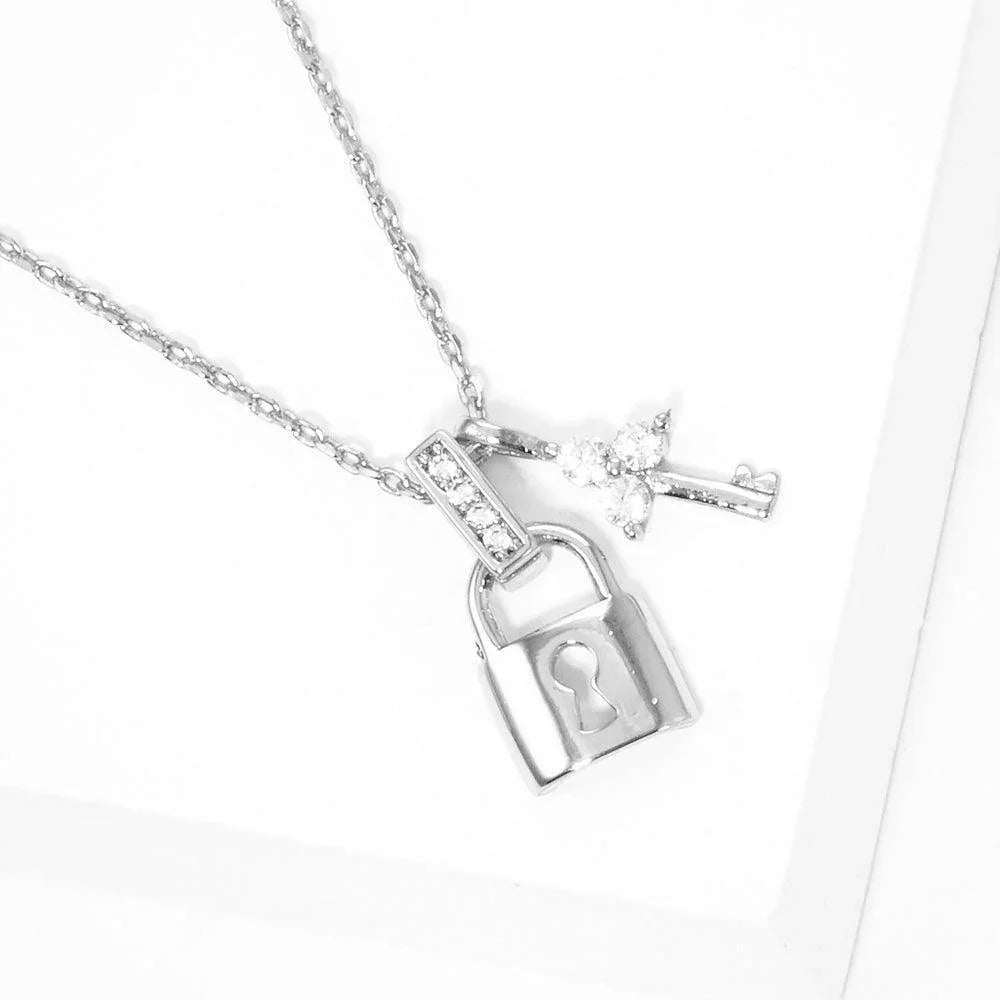Gold White Gold Dipped Rhinestone Embellished Key Lock Pendant Necklace - Jewelry Store by Erik Rayo