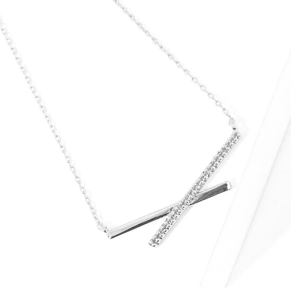 Gold White Gold Dipped CZ Embellished Metal Crisscross Pendant Necklace - Jewelry Store by Erik Rayo