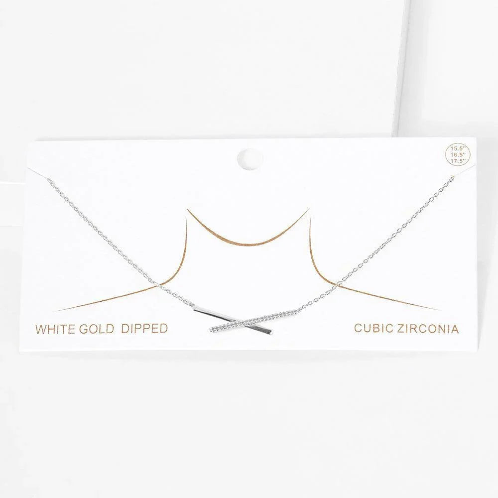 Gold White Gold Dipped CZ Embellished Metal Crisscross Pendant Necklace - Jewelry Store by Erik Rayo