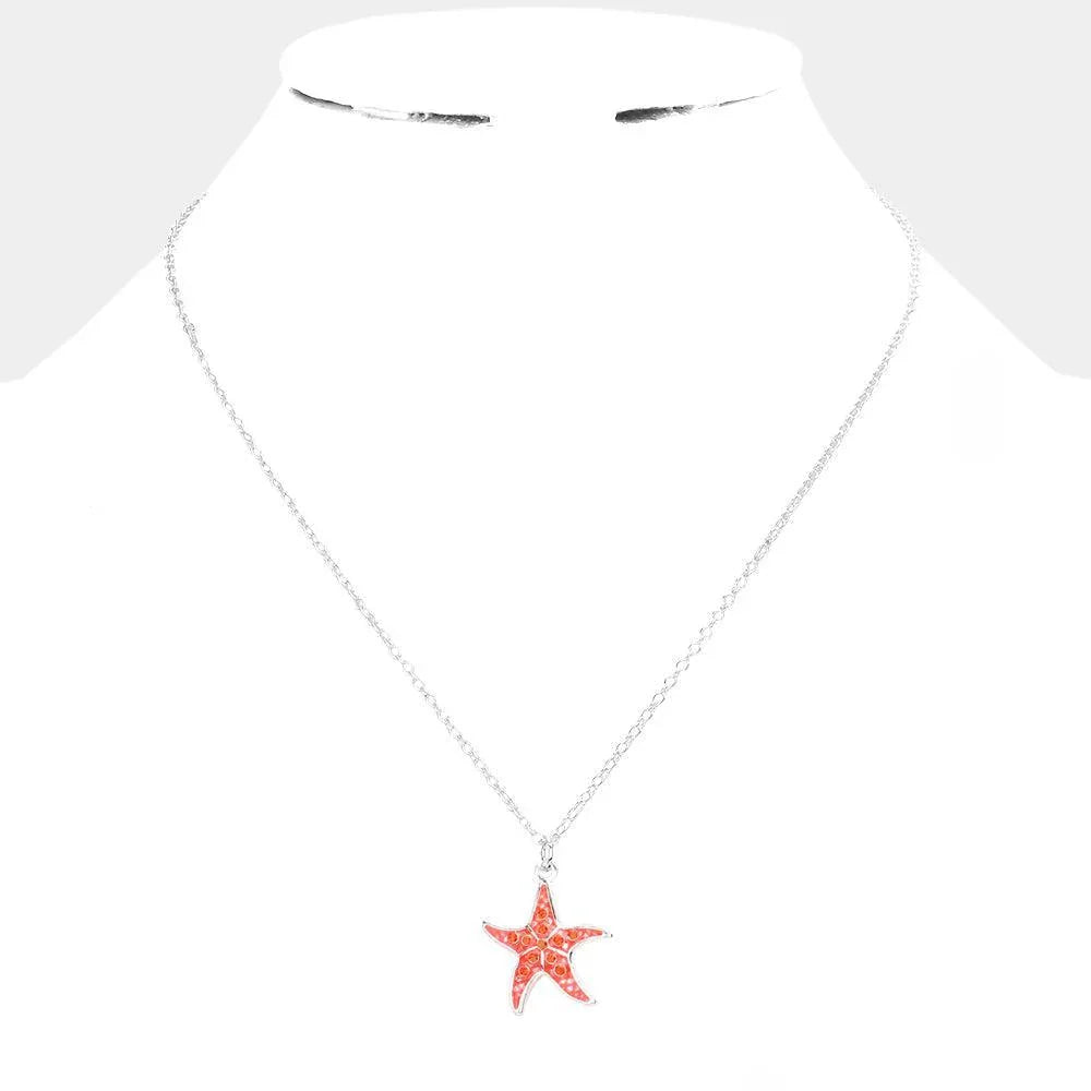Coral Rhinestone Embellished Enamel Starfish Pendant Necklace - Jewelry Store by Erik Rayo