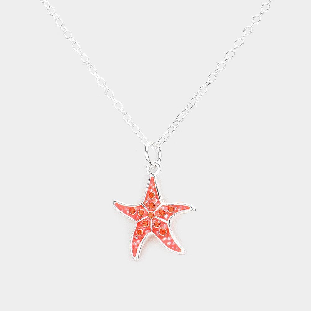 Coral Rhinestone Embellished Enamel Starfish Pendant Necklace - Jewelry Store by Erik Rayo