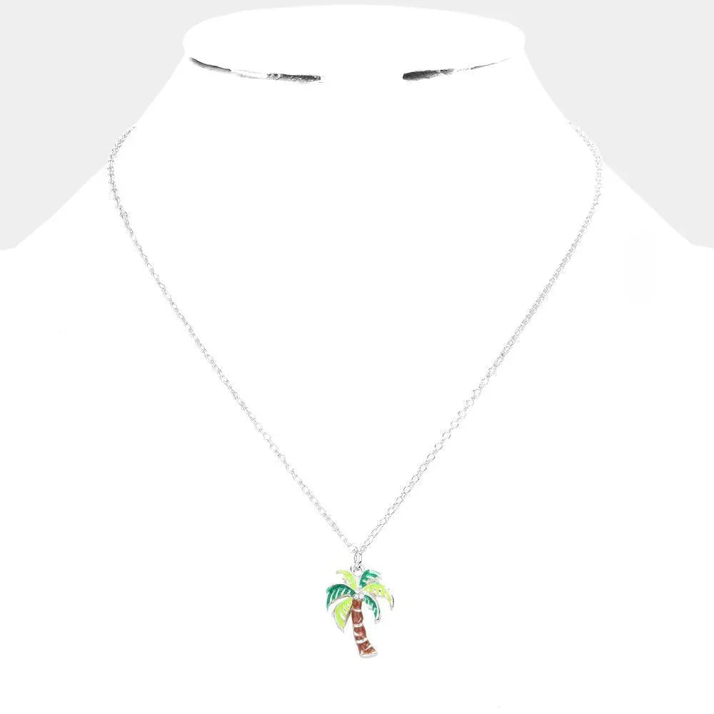 Green Rhinestone Embellished Enamel Palm Tree Pendant Necklace - Jewelry Store by Erik Rayo