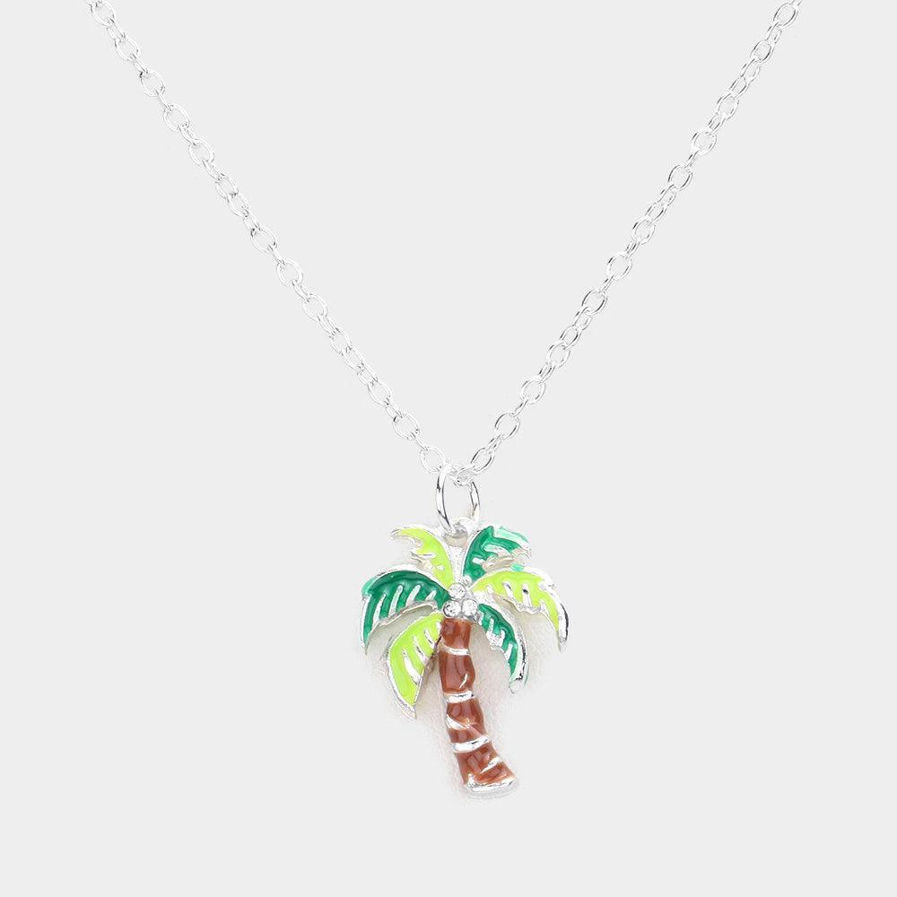 Green Rhinestone Embellished Enamel Palm Tree Pendant Necklace - Jewelry Store by Erik Rayo