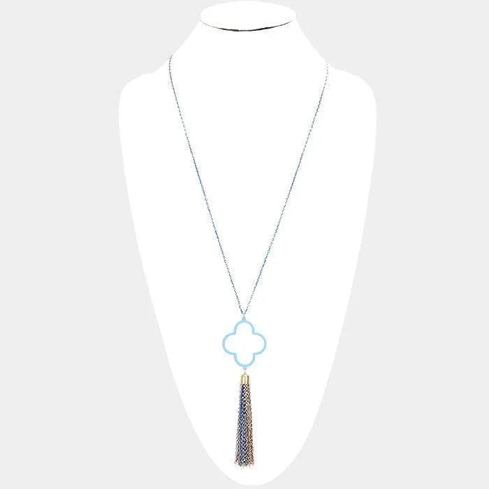 Gold Colored Clover Metal Chain Tassel Pendant Long Necklace - Jewelry Store by Erik Rayo