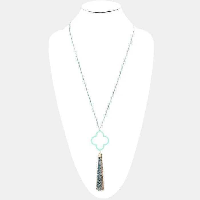 Gold Colored Clover Metal Chain Tassel Pendant Long Necklace - Jewelry Store by Erik Rayo