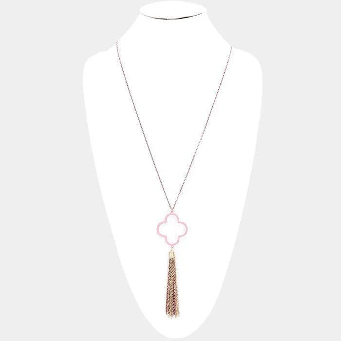 Purple Colored Clover Metal Chain Tassel Pendant Long Necklace - Jewelry Store by Erik Rayo