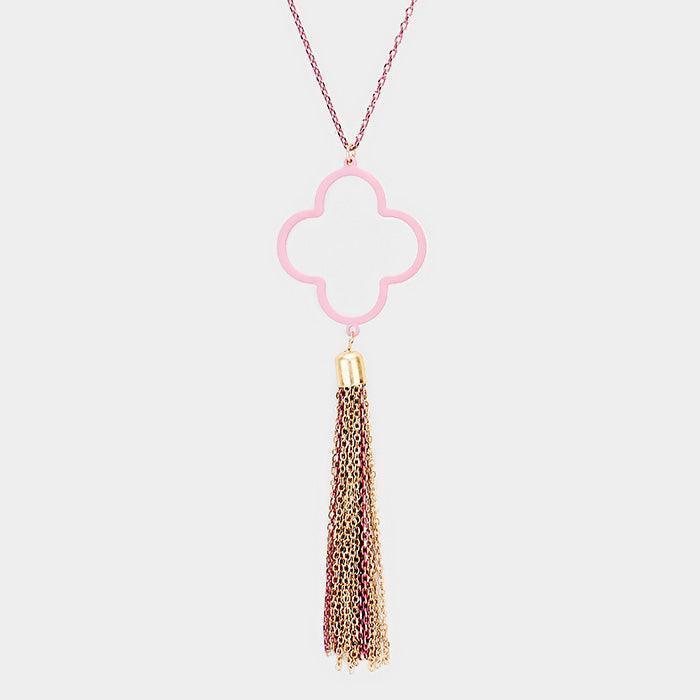 Purple Colored Clover Metal Chain Tassel Pendant Long Necklace - Jewelry Store by Erik Rayo