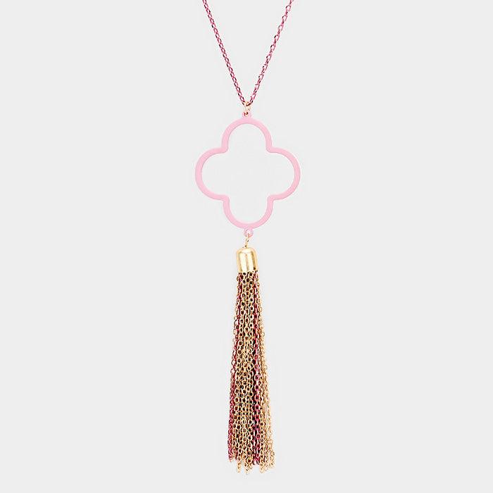 Purple Colored Clover Metal Chain Tassel Pendant Long Necklace