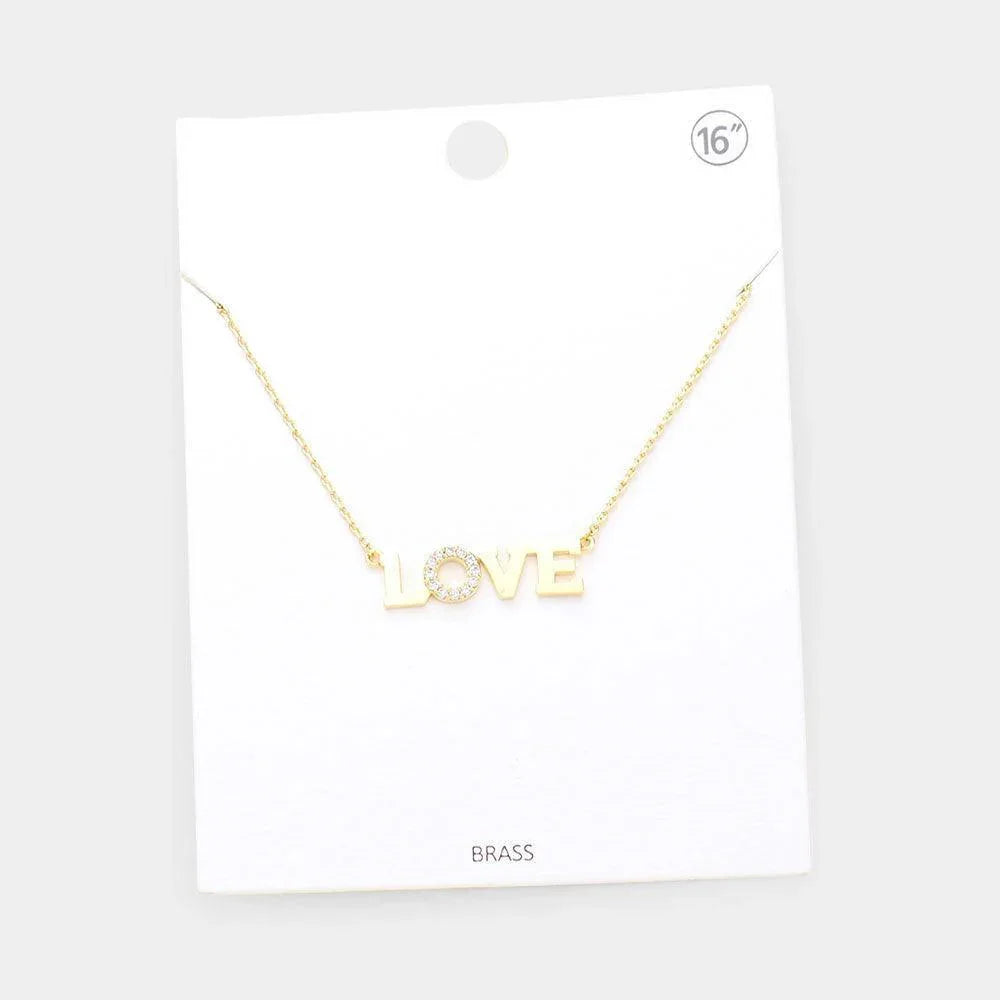 Gold LOVE Rhinestone Embellished Brass Metal Message Pendant Necklace - Jewelry Store by Erik Rayo
