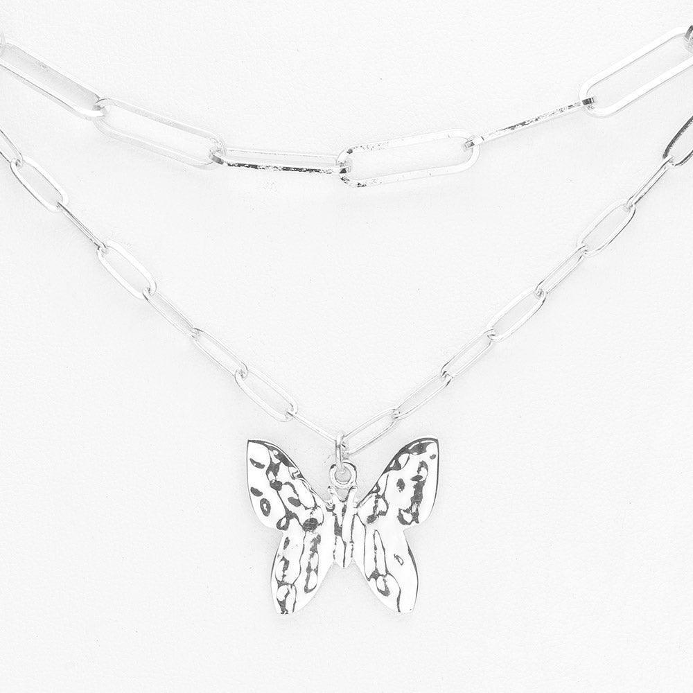 Hammered Metal Butterfly Pendant Double Layered Necklace - Jewelry Store by Erik Rayo