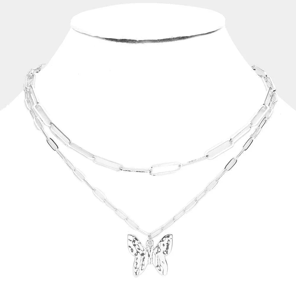 Hammered Metal Butterfly Pendant Double Layered Necklace - Jewelry Store by Erik Rayo