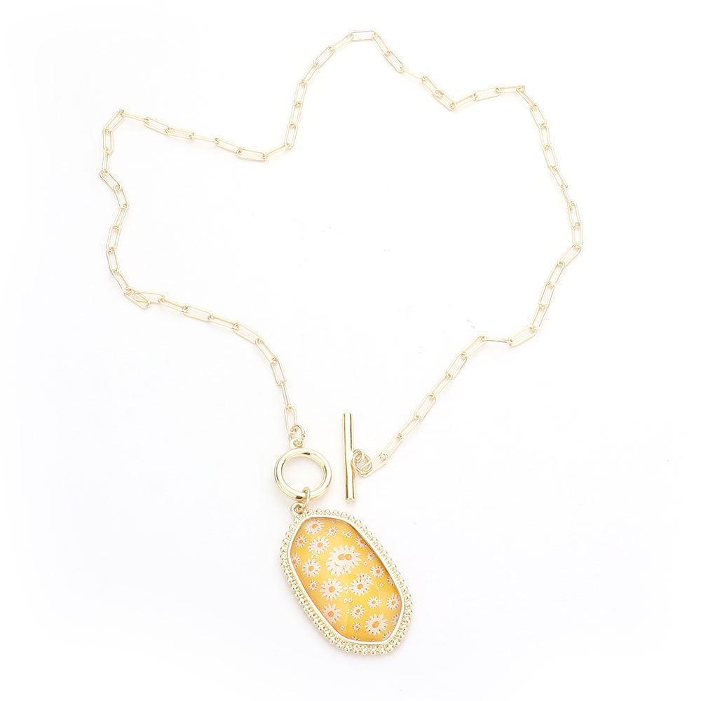Yellow Daisy Flower Patterned Hexagon Pendant Toggle Necklace - Jewelry Store by Erik Rayo