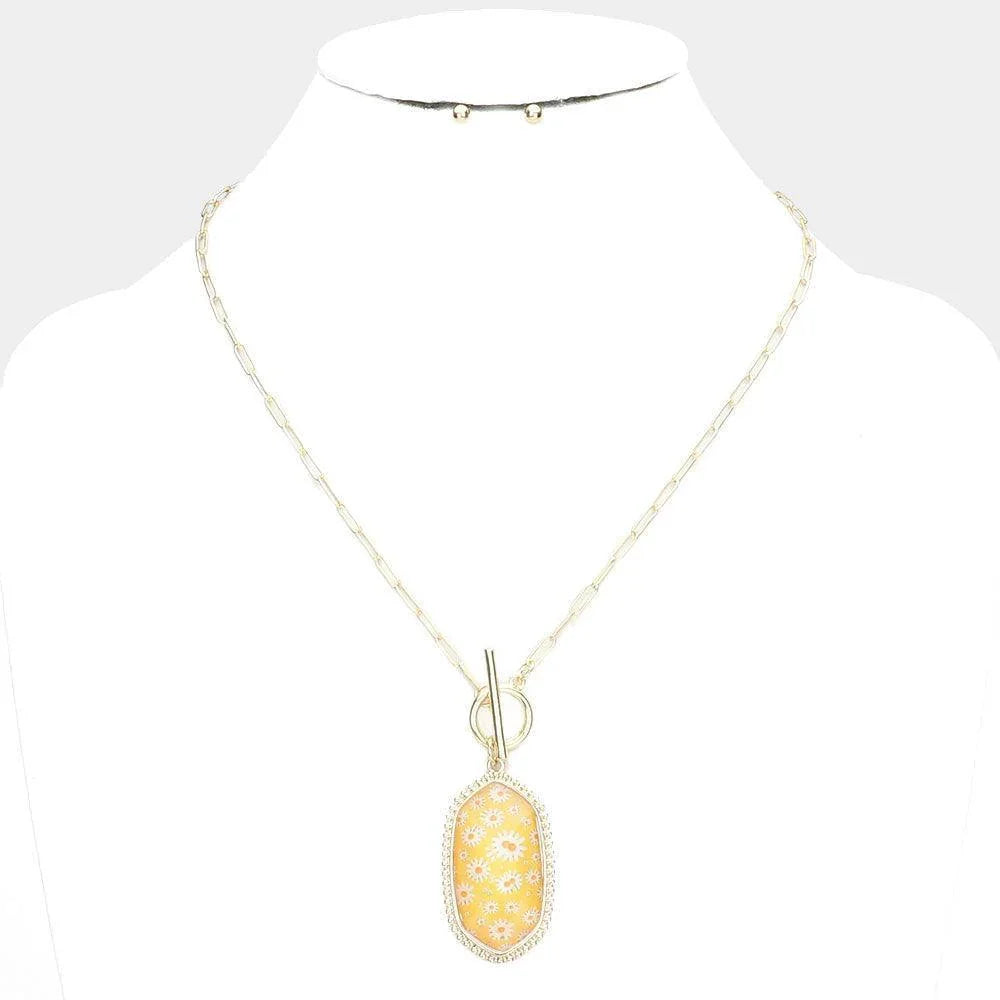 Yellow Daisy Flower Patterned Hexagon Pendant Toggle Necklace - Jewelry Store by Erik Rayo