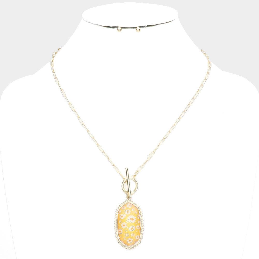 Yellow Daisy Flower Patterned Hexagon Pendant Toggle Necklace