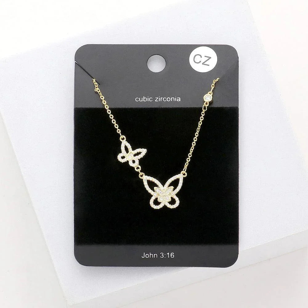 Gold CZ Double Butterfly Link Pendant Necklace - Jewelry Store by Erik Rayo