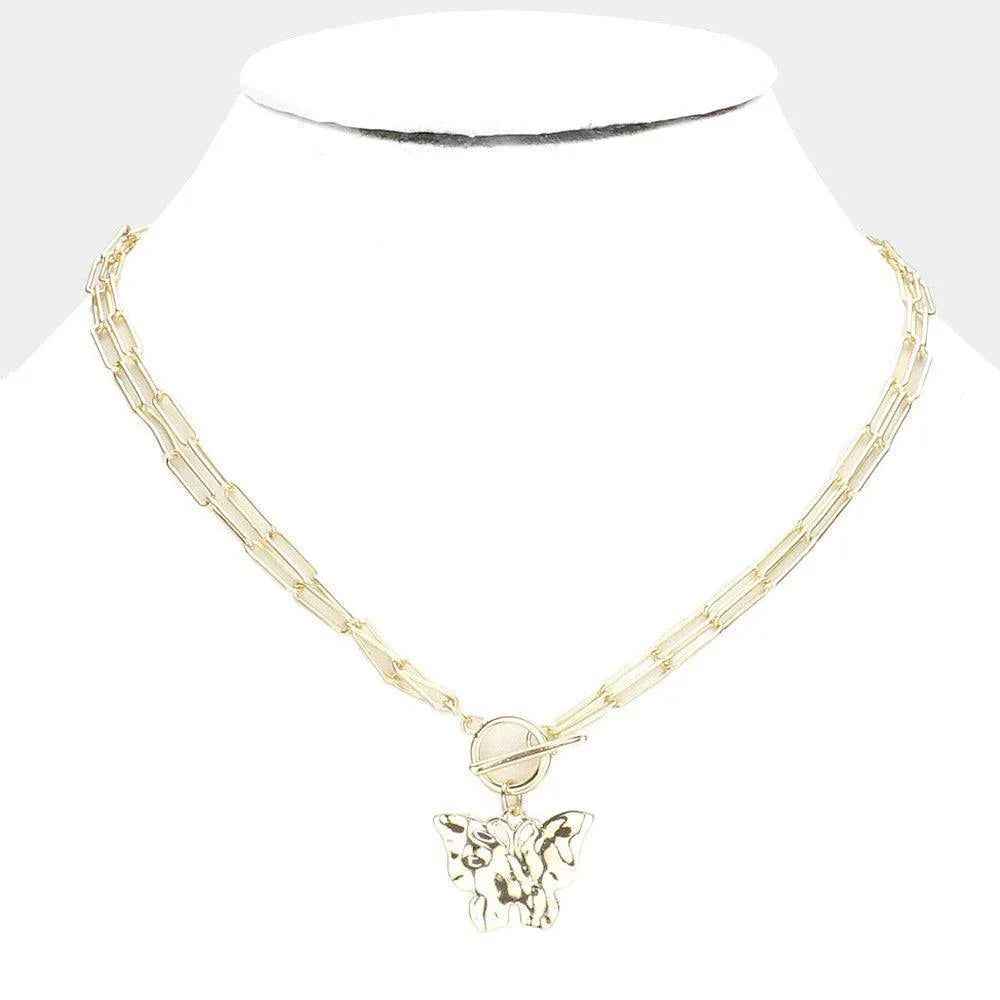 Gold Hammered Metal Butterfly Pendant Double Layered Toggle Necklace - Jewelry Store by Erik Rayo