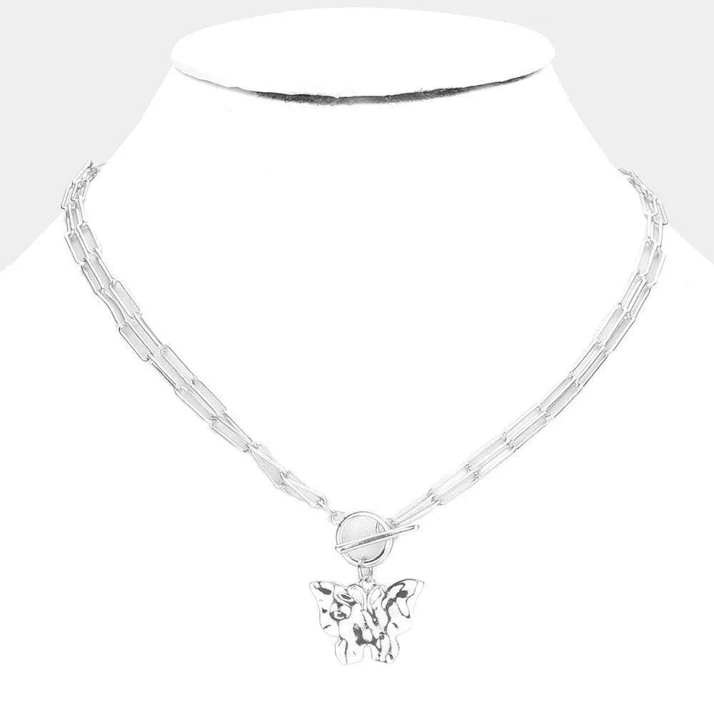 Hammered Metal Butterfly Pendant Double Layered Toggle Necklace - Jewelry Store by Erik Rayo