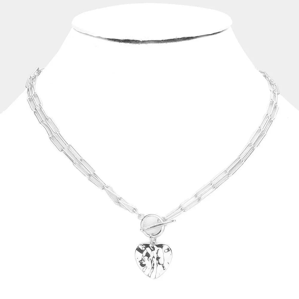 Hammered Metal Heart Pendant Double Layered Toggle Necklace - Jewelry Store by Erik Rayo
