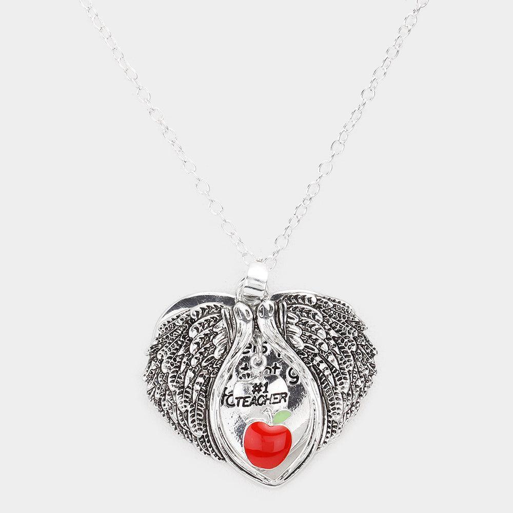 Silver Teacher's Blessing No.1 Teacher Message Enamel Apple Pointed Angel Wings Pendant Necklace - Jewelry Store by Erik Rayo
