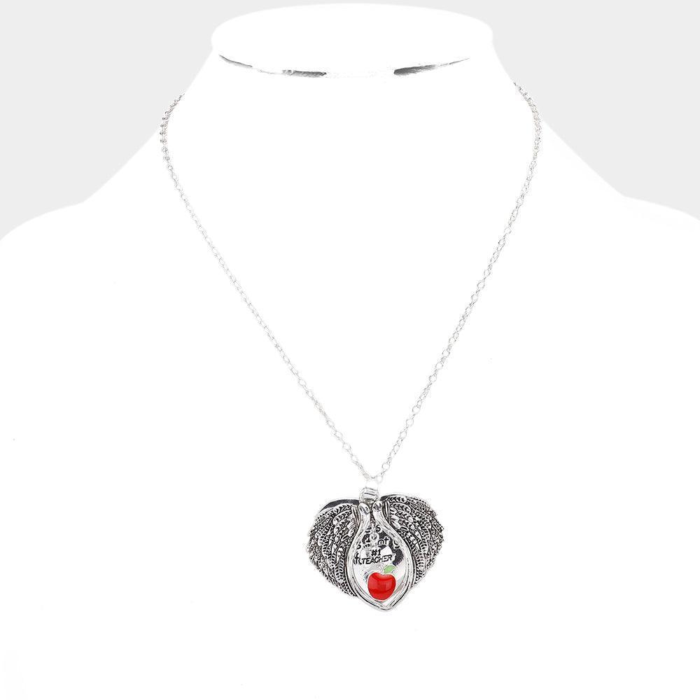 Silver Teacher's Blessing No.1 Teacher Message Enamel Apple Pointed Angel Wings Pendant Necklace - Jewelry Store by Erik Rayo