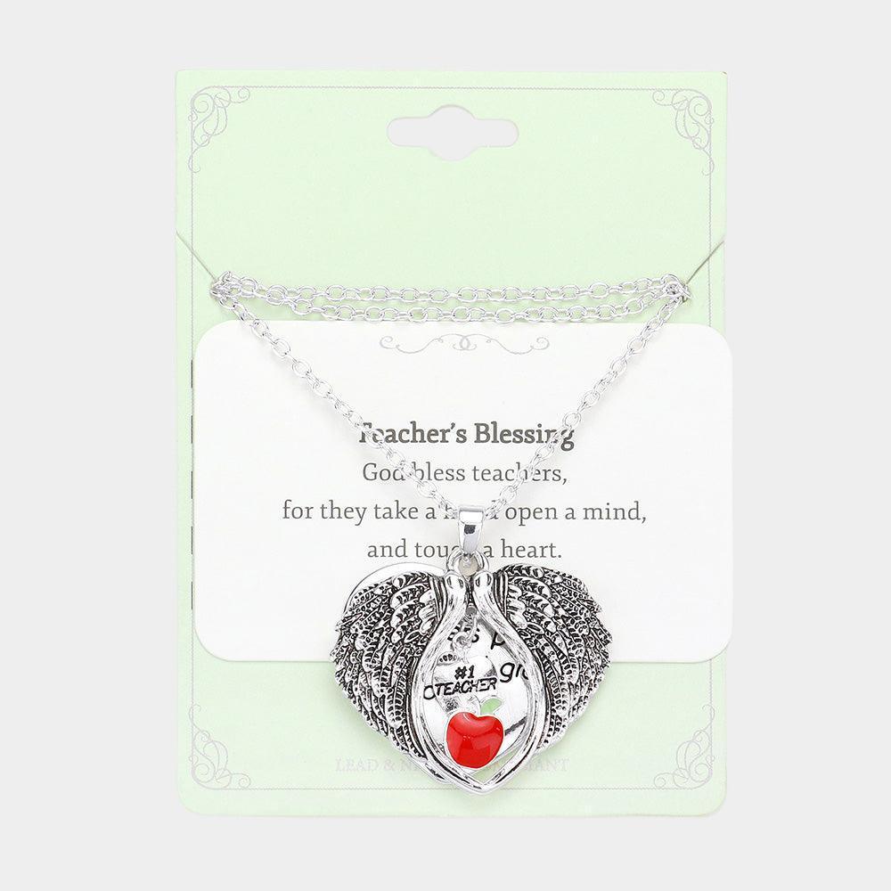 Silver Teacher's Blessing No.1 Teacher Message Enamel Apple Pointed Angel Wings Pendant Necklace - Jewelry Store by Erik Rayo