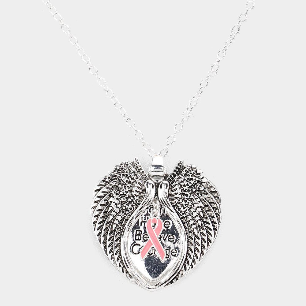 Silver Enamel Pink Ribbon Pointed Angel Wings Pendant Necklace - Jewelry Store by Erik Rayo