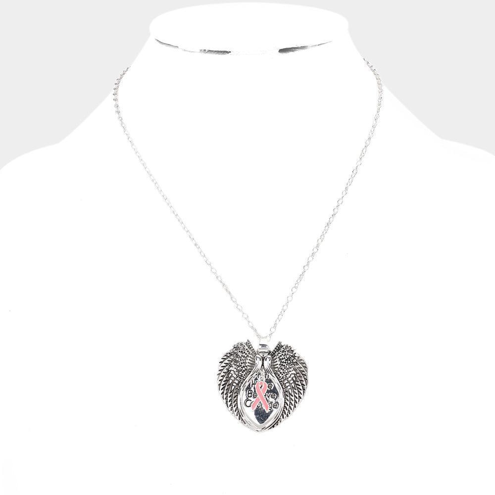 Silver Enamel Pink Ribbon Pointed Angel Wings Pendant Necklace - Jewelry Store by Erik Rayo