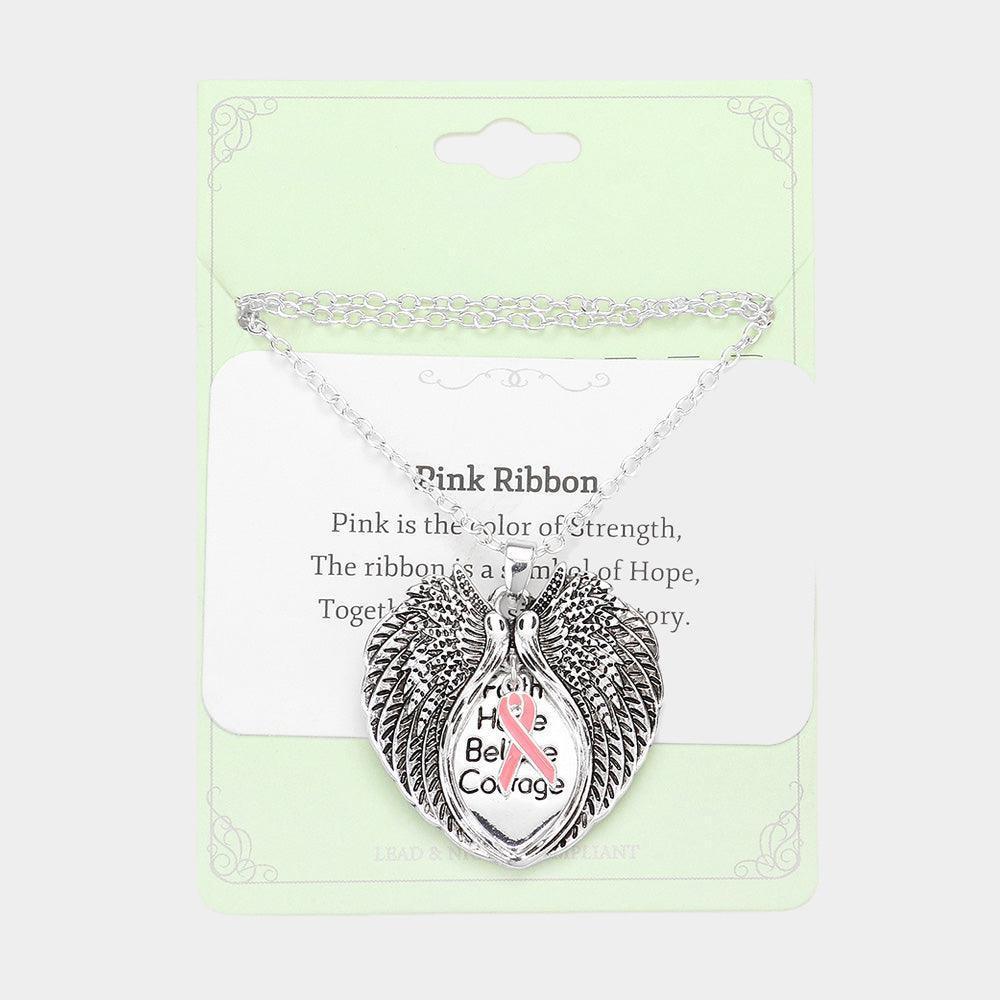 Silver Enamel Pink Ribbon Pointed Angel Wings Pendant Necklace - Jewelry Store by Erik Rayo