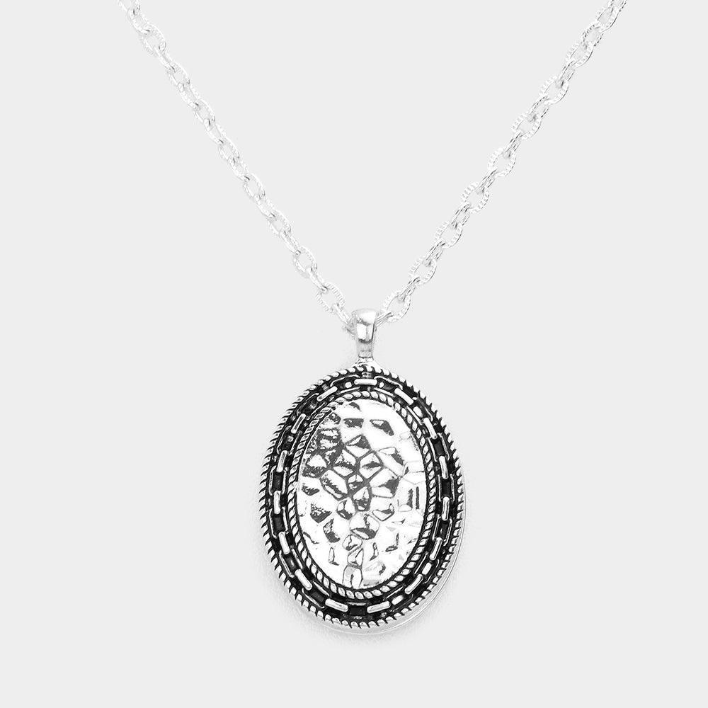 Silver Embossed Antique Metal Oval Reversible Pendant Necklace - Jewelry Store by Erik Rayo