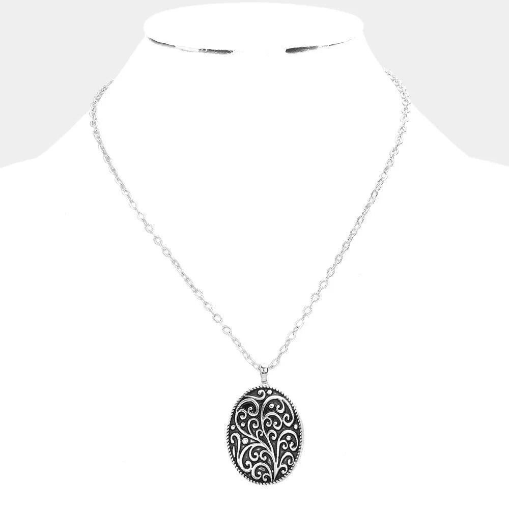 Silver Embossed Antique Metal Oval Reversible Pendant Necklace - Jewelry Store by Erik Rayo