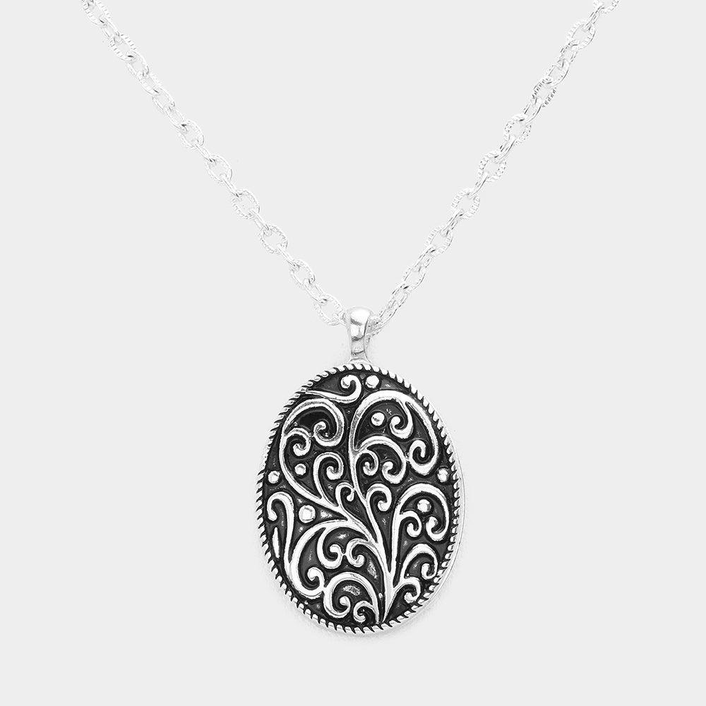 Silver Embossed Antique Metal Oval Reversible Pendant Necklace - Jewelry Store by Erik Rayo