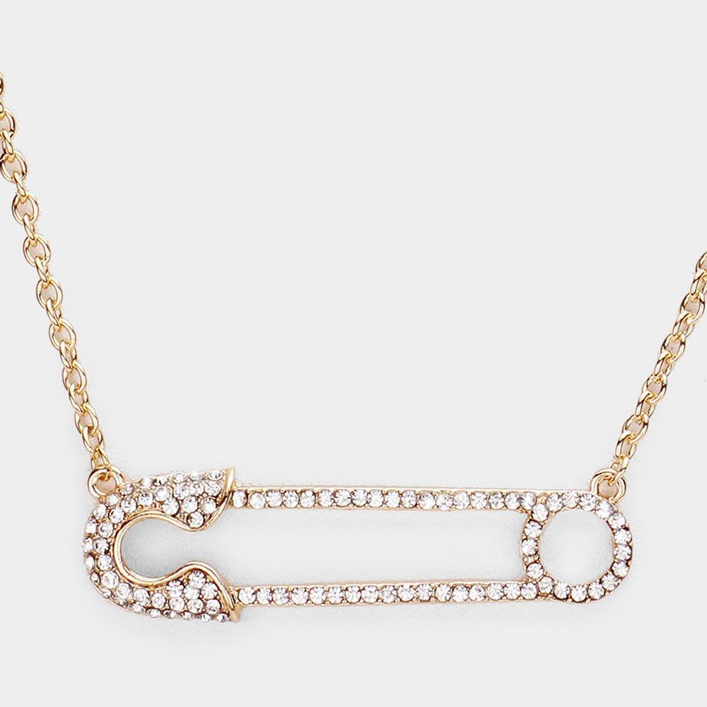 Gold Rhinestone Pave Safety Pin Pendant Necklace - Jewelry Store by Erik Rayo