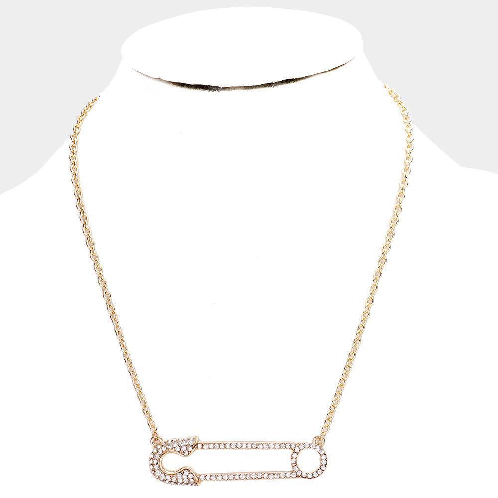 Gold Rhinestone Pave Safety Pin Pendant Necklace - Jewelry Store by Erik Rayo