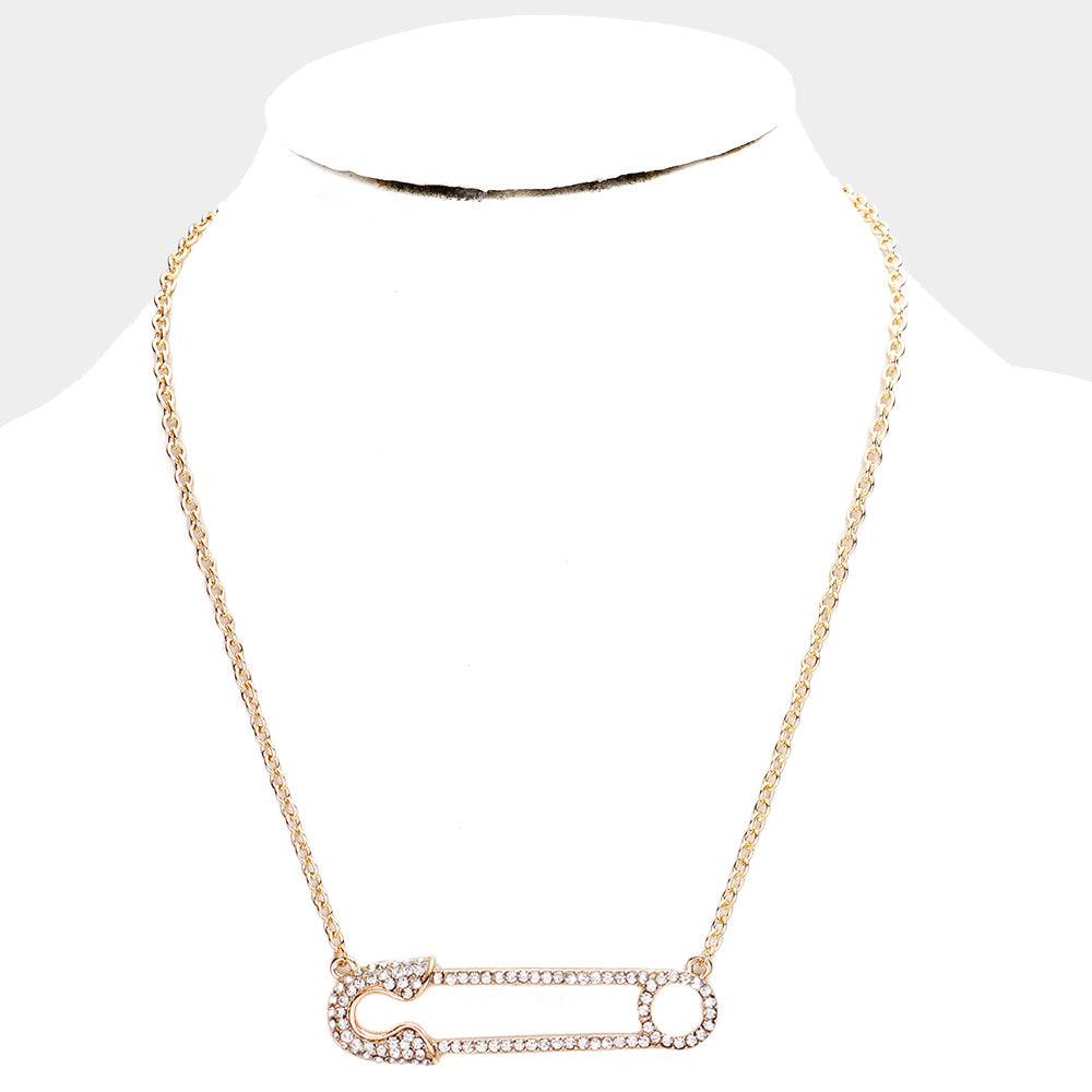 Gold Rhinestone Pave Safety Pin Pendant Necklace